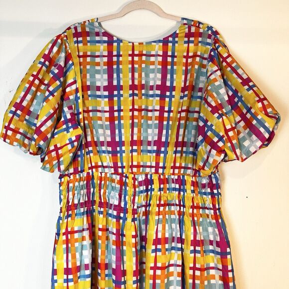 Plaid Midi Dress Colorful Stretch Smocked Waist Pink Yellow Blue NWT Sz 3X - Picture 6 of 16